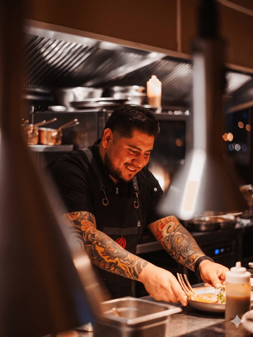 Chef plating a dish in the Fuego Vivo kitchen