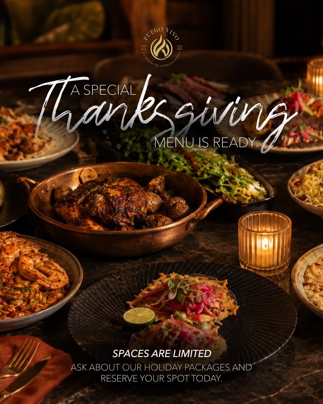 Fuego Vivo's Thanksgiving table: fire-roasted dishes, sides and candlelight